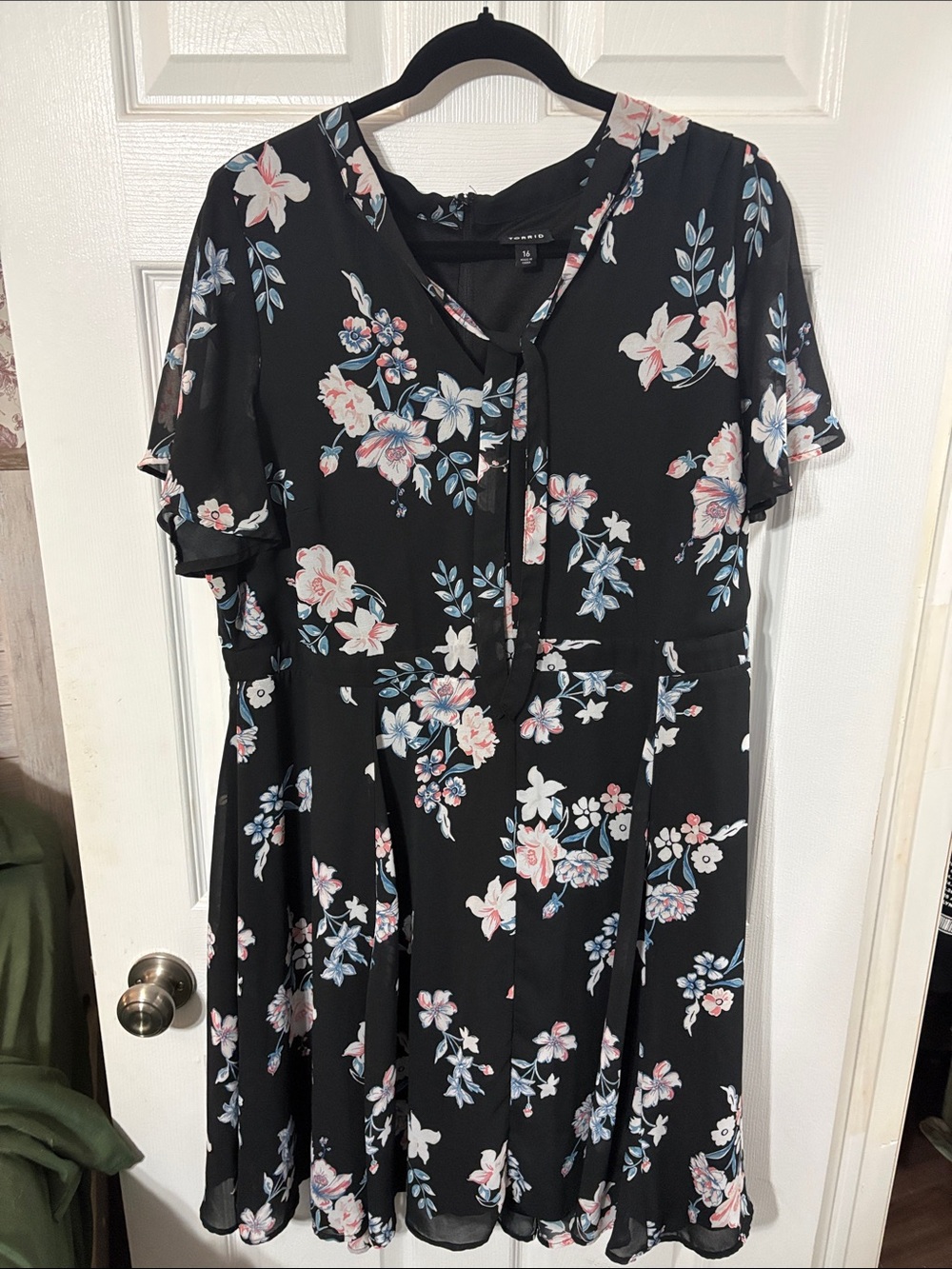 Torrid Floral Tie-Neck Black Fit & Flare Dress